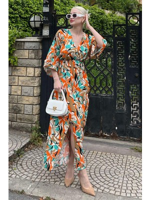 Madmext Turuncu Uzun V Yaka Desenli Kadın Elbise MG2076