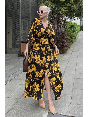 Madmext Hardal Uzun V Yaka Desenli Kadın Elbise MG2076