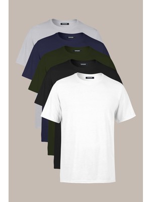 Comeor Erkek Çok Renkli %100 Pamuk T- Shirt Regular Fit Rahat Kesim Bisiklet Yaka 5'li Basic Tişört Paketi