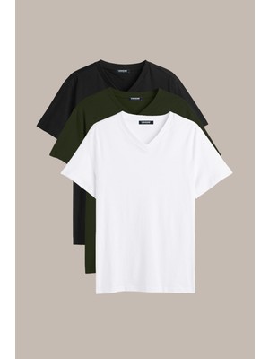 Comeor Erkek Çok Renkli %100 Pamuk T- Shirt Regular Fit Rahat Kesim V Yaka 5'li Basic Tişört Paketi