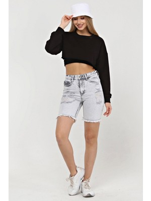 The Bark Lazer Kesim Mini Jean Kadın Şort 2430-880 Gri