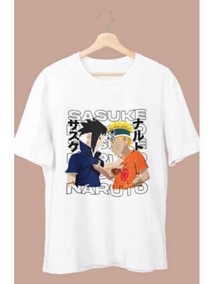 Fuddy Moda Oversize Naruto And Sasuke Baskılı T-Shirt, Unisex Anime Baskılı Tişört