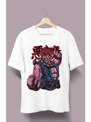 Fuddy Moda Oversize Street Fighter Akuma Kanji Baskılı T-Shirt, Unisex Anime Baskılı Tişört