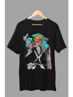 Fuddy Moda Oversize Bleach Ichigo Kurosaki V2 Baskılı T-Shirt, Unisex Anime Baskılı Tişört