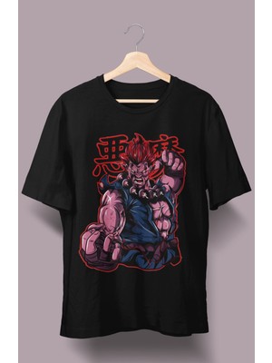 Fuddy Moda Oversize Street Fighter Akuma Kanji Baskılı T-Shirt, Unisex Anime Baskılı Tişört