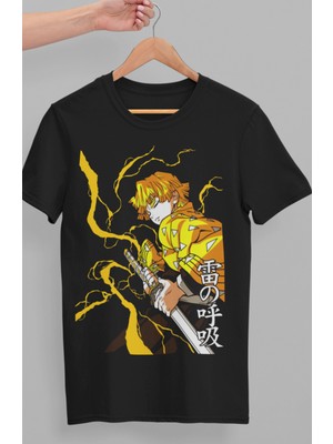 Fuddy Moda Oversize Demon Slayer Zenitsu Karakteri Baskılı T-Shirt, Unisex Anime Baskılı Tişört