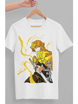 Fuddy Moda Oversize Demon Slayer Zenitsu Karakteri Baskılı T-Shirt, Unisex Anime Baskılı Tişört