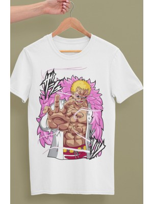 Fuddy Moda Oversize One Piece Donquixote Doflamingo Baskılı T-Shirt, Unisex Anime Baskılı Tişört