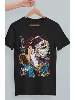 Fuddy Moda Oversize Luffy Vs Kaido Baskılı T-Shirt, Unisex Anime Baskılı Tişört