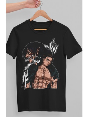 Fuddy Moda Oversize Attack On Titan Eren Yeager Baskılı T-Shirt, Unisex Anime Baskılı Tişört