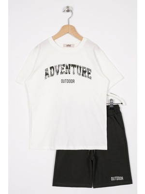 Zepkids Yazı Baskılı Ekru Hakı Renk Erkek Çocuk Şortlu Takım