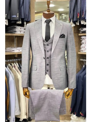 Tunahan Erkek Giyim Slimfit Kesim Kumas Desenli Erkek Yelekli Takim Elbise-Gri