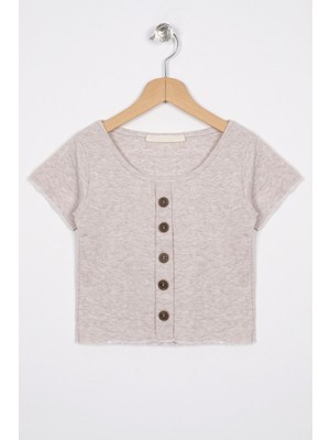 Bisiklet Yaka Kısa Kol Fitilli Bej Melanj Renk Kız Çocuk Tshirt