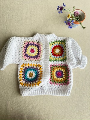 Dafne Dükkan El Örgüsü Motifli Bebek Hırkası Kroşe Hırka Crochet Granny Square Cardigan