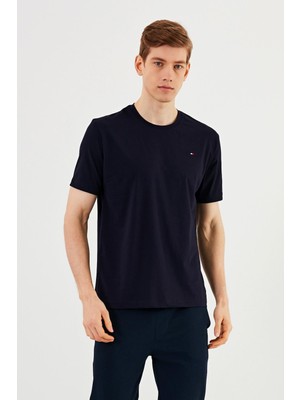 Comeor Erkek Bisiklet Yaka T-Shirt %100 Pamuk Nakış Detaylı Basic Lacivert Tişört