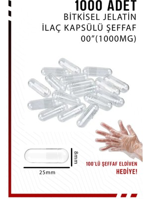Tedarikcim07 Bitkisel Boş Ilaç Kapsülü 00''(1000 Mg) Bitkisel Jelatin Şeffaf 1000 Adet