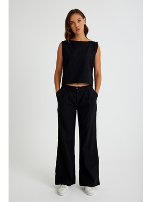 1Tarz Barbora Keten Günlük Rahat  Kolsuz  Alt Üst Kadın Takım LN08SIYAH8