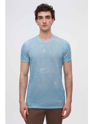 Twn Slim Fit Saks Mavi Çizgi Baskılı T-Shirt 2EC1438360200
