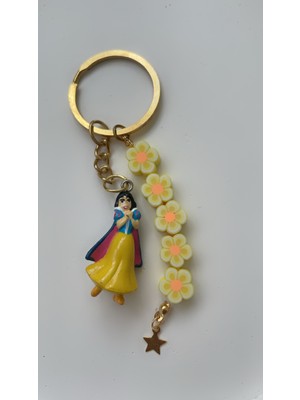 Liva Accessories Sarı Turuncu Çiçekli Fimo Boncuklu Mini Altın Yıldız ve Disney Pamuk Prenses Sallantılı Altın Renkli Anahtarlık