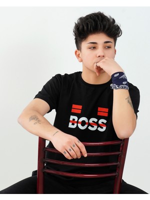 Boydimood Erkek Boss Baskılı Oversize Siyah Tişört