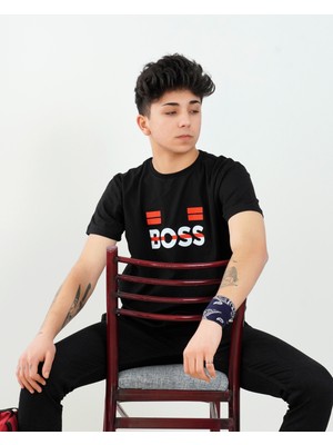 Boydimood Erkek Boss Baskılı Oversize Siyah Tişört