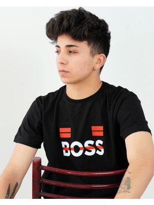 Boydimood Erkek Boss Baskılı Oversize Siyah Tişört