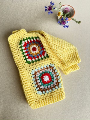 Dafne Dükkan El Örgüsü Motifli Bebek Hırkası Sarı Kroşe Hırka Crochet Granny Square Cardigan