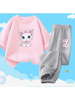 Kids Face Özel Tasarım Pembe Papyonlu Kedicik Baskılı Kısa Kollu Yazlık Kız Çocuk Eşofman Takımı