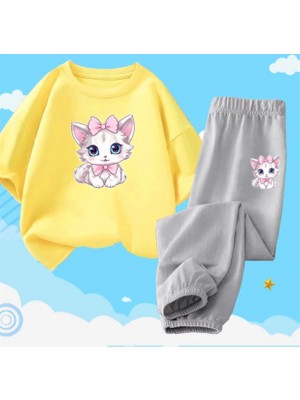 Kids Face Özel Tasarım Pembe Papyonlu Kedicik Baskılı Kısa Kollu Yazlık Kız Çocuk Eşofman Takımı