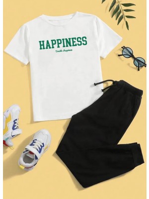 Kids Face Özel Tasarım Happiness Baskılı %100 Pamuk Kısa Kollu Yazlık Kız Çocuk Eşofman Takımı