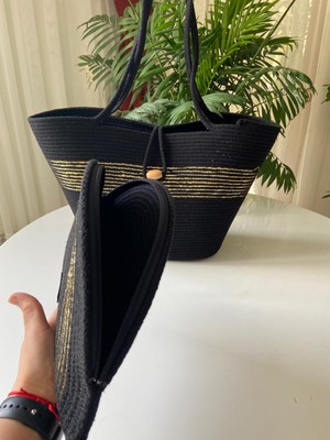 Sevim Ağ Nev Design 2'li Plaj Çantası & D Clutch Çanta, Siyah Renk, Gold Detaylı