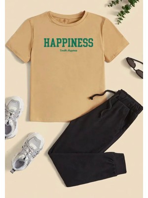 Kids Face Özel Tasarım Happiness Baskılı %100 Pamuk Kısa Kollu Yazlık Kız Çocuk Eşofman Takımı