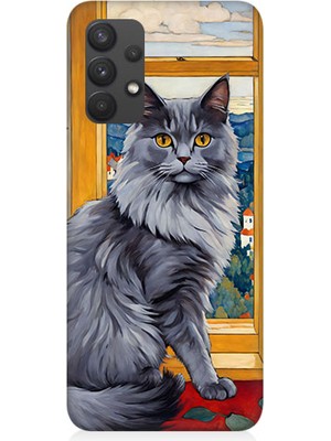 Teknomeg Samsung Galaxy A32 Uyumlu Kül Rengi Tüylü Kedi Desenli Silikon Kılıf