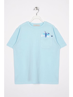 Zepkids Bisiklet Yaka Kısa Kol Balına Baskılı Acik Mavi Renk Erkek Çocuk Tshirt