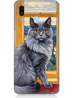 Teknomeg Samsung Galaxy A20 Uyumlu Kül Rengi Tüylü Kedi Desenli Silikon Kılıf
