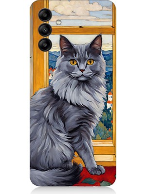 Teknomeg Samsung Galaxy A25 Uyumlu Kül Rengi Tüylü Kedi Desenli Silikon Kılıf