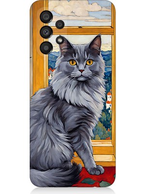 Teknomeg Samsung Galaxy A53 Uyumlu Kül Rengi Tüylü Kedi Desenli Silikon Kılıf
