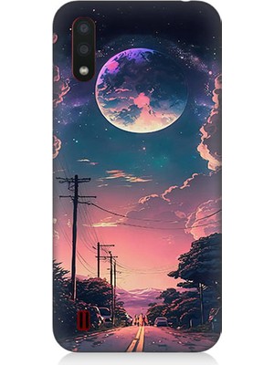 Teknomeg Samsung Galaxy A01 Uyumlu Ay Manzara ve Yol  Desenli Silikon Kılıf