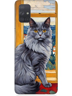 Teknomeg Samsung Galaxy A51 Uyumlu Kül Rengi Tüylü Kedi Desenli Silikon Kılıf