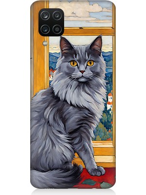 Teknomeg Samsung Galaxy A12 Uyumlu Kül Rengi Tüylü Kedi Desenli Silikon Kılıf