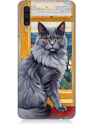 Teknomeg Samsung Galaxy A50 Uyumlu Kül Rengi Tüylü Kedi Desenli Silikon Kılıf