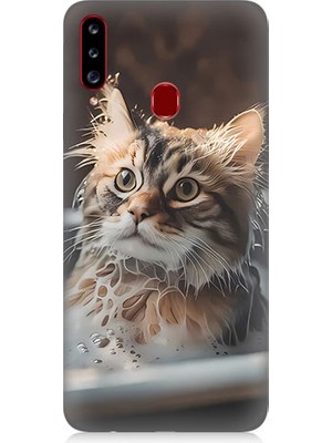 Teknomeg Samsung Galaxy A20S Uyumlu Banyo Yapan Kedi Desenli Silikon Kılıf