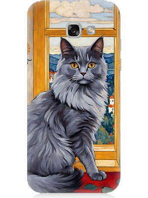 Teknomeg Samsung Galaxy A3 2017 Uyumlu Kül Rengi Tüylü Kedi Desenli Silikon Kılıf