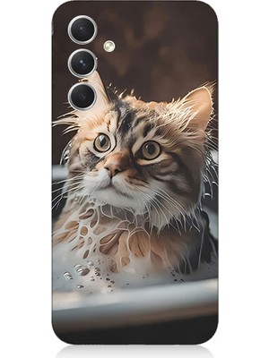 Teknomeg Samsung Galaxy A54 Uyumlu Banyo Yapan Kedi Desenli Silikon Kılıf