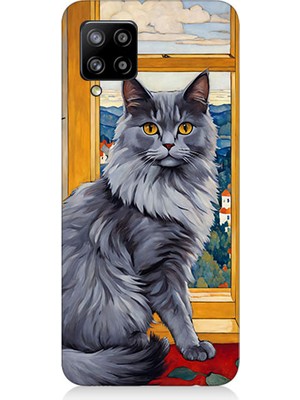 Teknomeg Samsung Galaxy A42 5g Uyumlu Kül Rengi Tüylü Kedi Desenli Silikon Kılıf