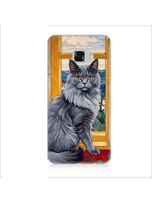 Teknomeg Samsung Galaxy C7 Pro Uyumlu Kül Rengi Tüylü Kedi Desenli Silikon Kılıf
