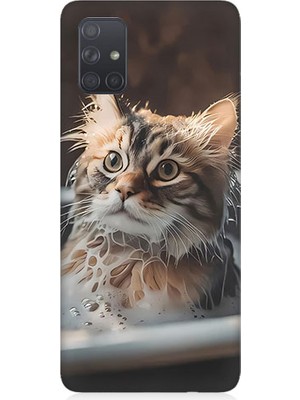 Teknomeg Samsung Galaxy A71 Uyumlu Banyo Yapan Kedi Desenli Silikon Kılıf