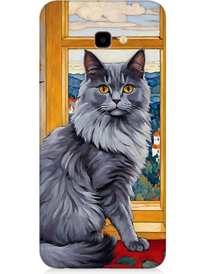 Teknomeg Samsung Galaxy J4 Plus Uyumlu Kül Rengi Tüylü Kedi Desenli Silikon Kılıf