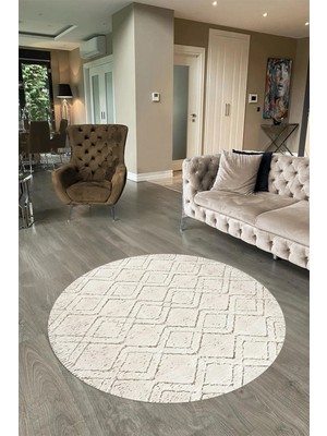 Napoli Home Dijital Baskılı Kaymaz Taban Yıkanabilir Sade Yuvarlak Mutfak Salon Halısı, N-Y-Sade-05-Krem,