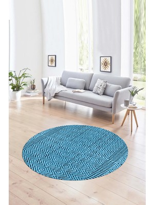Napoli Home Dijital Baskılı Kaymaz Taban Yıkanabilir Sade Yuvarlak Mutfak Salon Halısı, N-Y-Sade-18-Mavi,